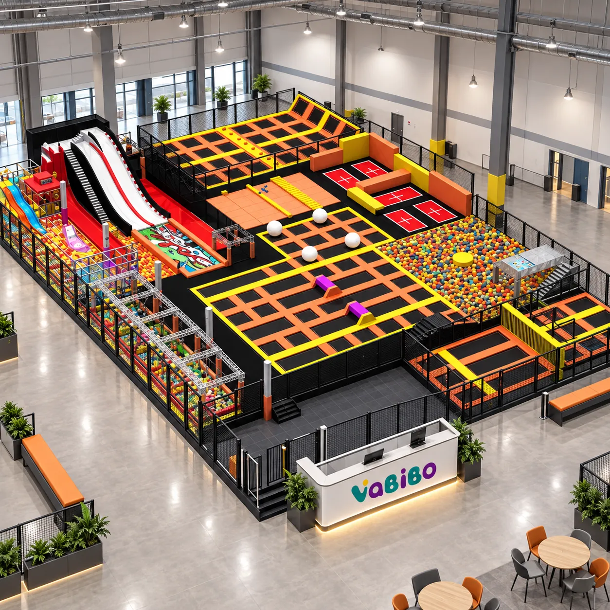 Custom commercial trampoline park equipment layout with jump courts, slides, landing zones, and reception